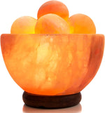 UMAID Natural Himalayan Salt Lamp Bowl with 6 Heated Salt Massage Balls, Stylish Wood Base, Bulb with Dimmable Switch UL-Listed Cord